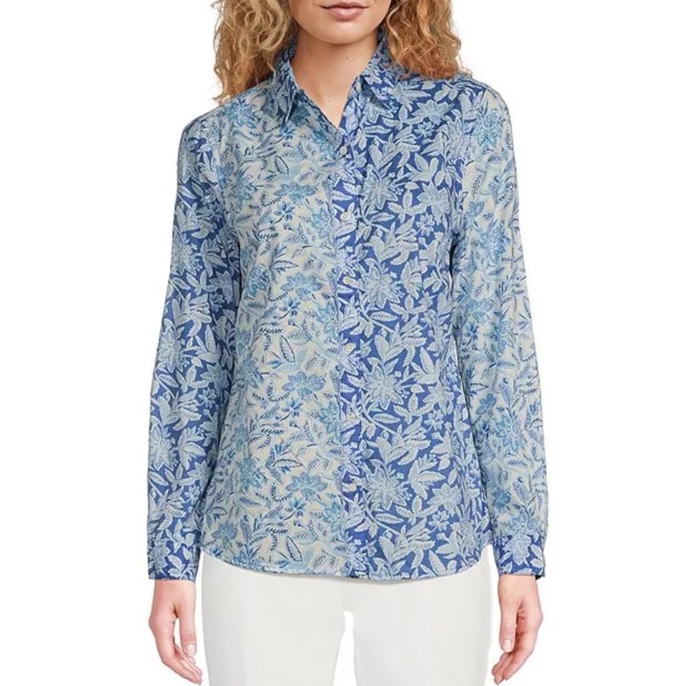 J. McLaughlin Lois Floral Print Point Collar Long Sleeve Button Front Blouse